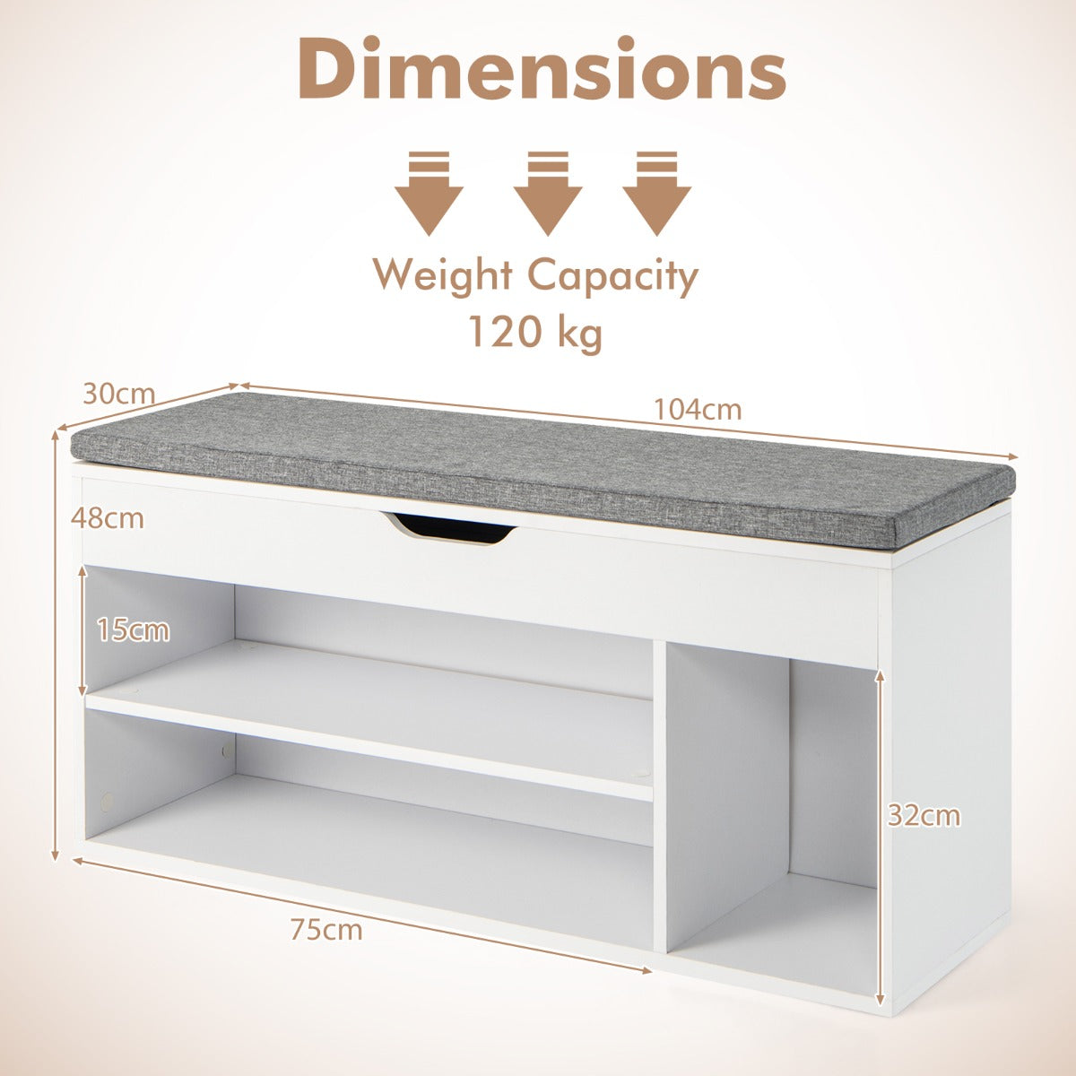 LIVSK Opbergbank met Zitkussen - Drie Compartimenten - Hoogwaardig Hout - Modern en Elegant - 104 x 30 x 48 cm - Grijs