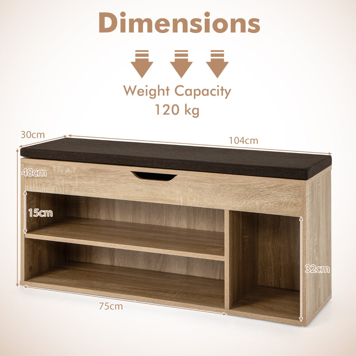 LIVSK Opbergbank met Verwijderbaar Zitkussen - Praktisch Design met Opbergruimte - Hoogwaardig Hout - 104 x 30 x 48 cm -