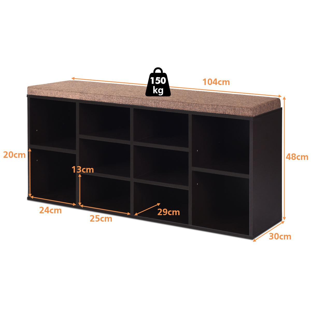 Livsk costway schoenenbank met zitting schoenenrek schoenenladekast 10 kubus opbergbankkast met plank en zitkussenhout hout bruin 1 1