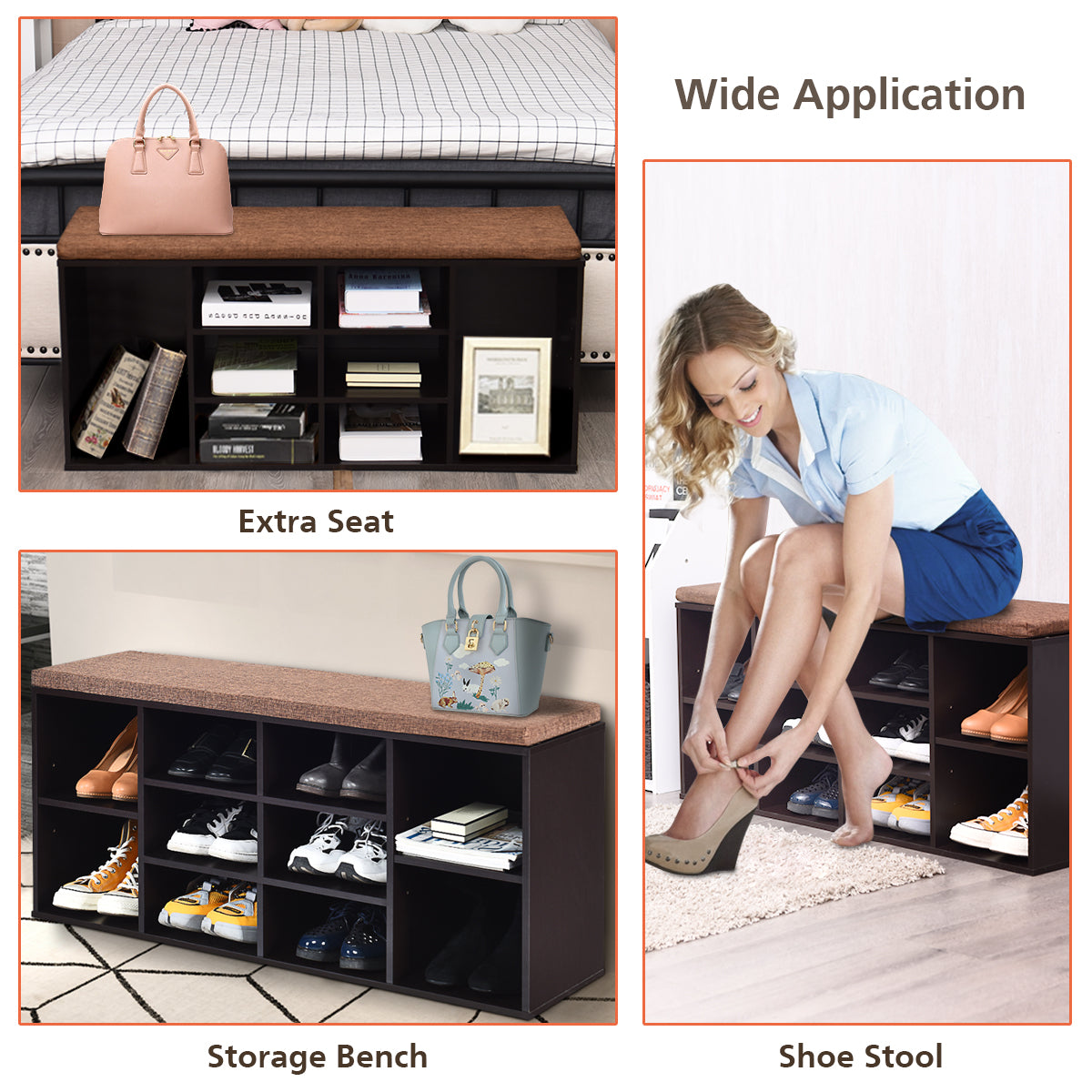 Livsk costway schoenenbank met zitting schoenenrek schoenenladekast 10 kubus opbergbankkast met plank en zitkussenhout hout bruin 4