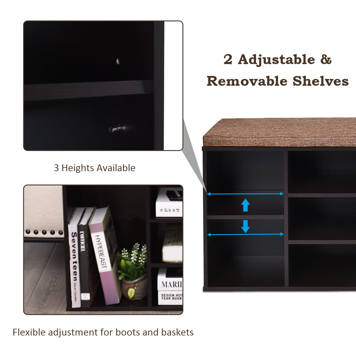 Livsk costway schoenenbank met zitting schoenenrek schoenenladekast 10 kubus opbergbankkast met plank en zitkussenhout hout bruin 6