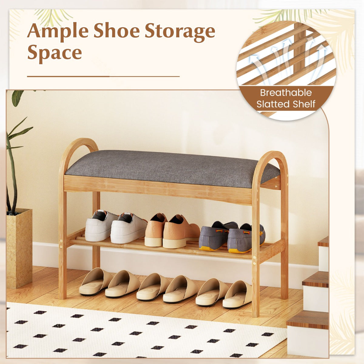 Livsk costway schoenenbank van bamboe schoenenrek met 2 treden bekleed zitkussen en plank compacte zitbank 70 x 315 x 51 cm