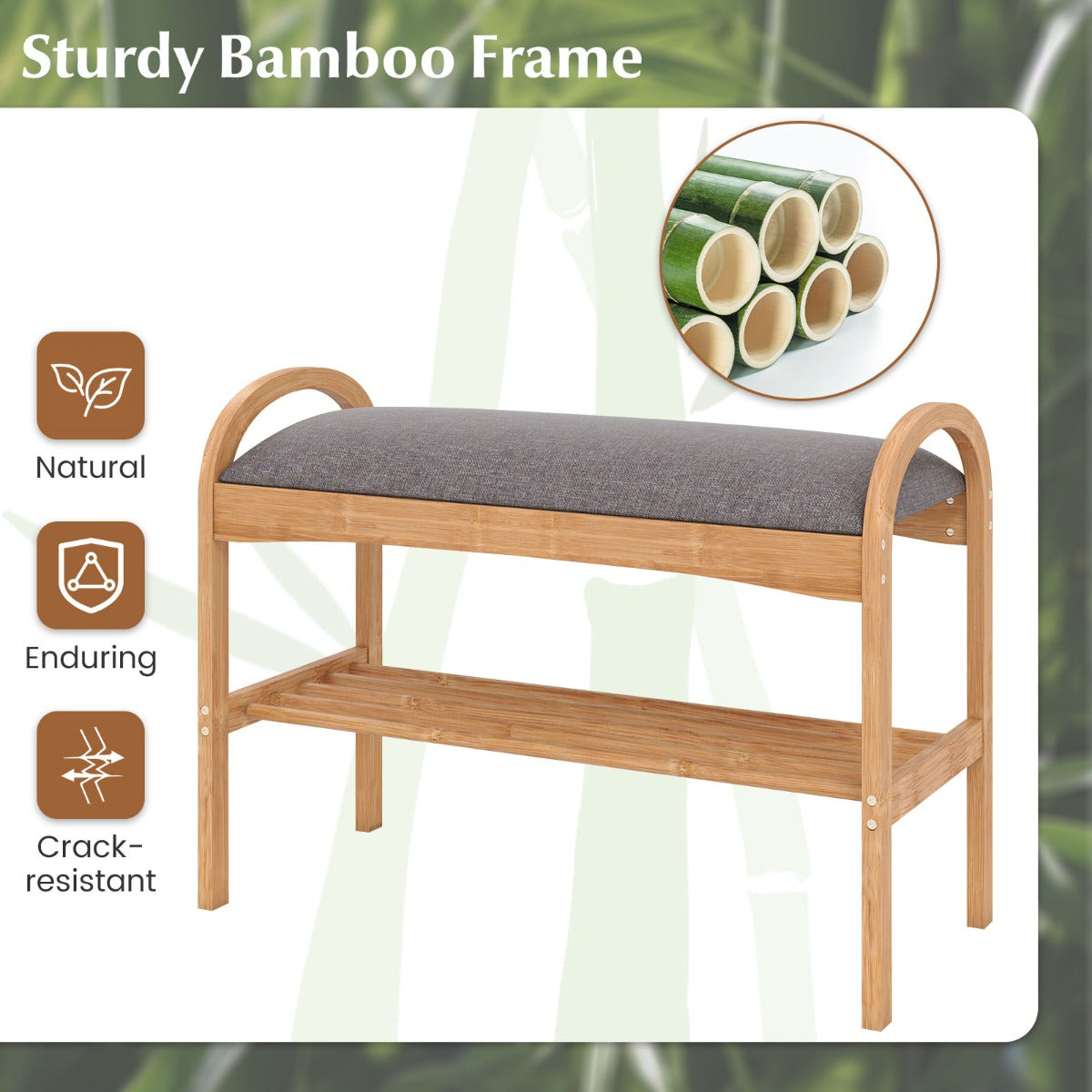 Livsk costway schoenenbank van bamboe schoenenrek met 2 treden bekleed zitkussen en plank compacte zitbank 70 x 315 x 51 cm