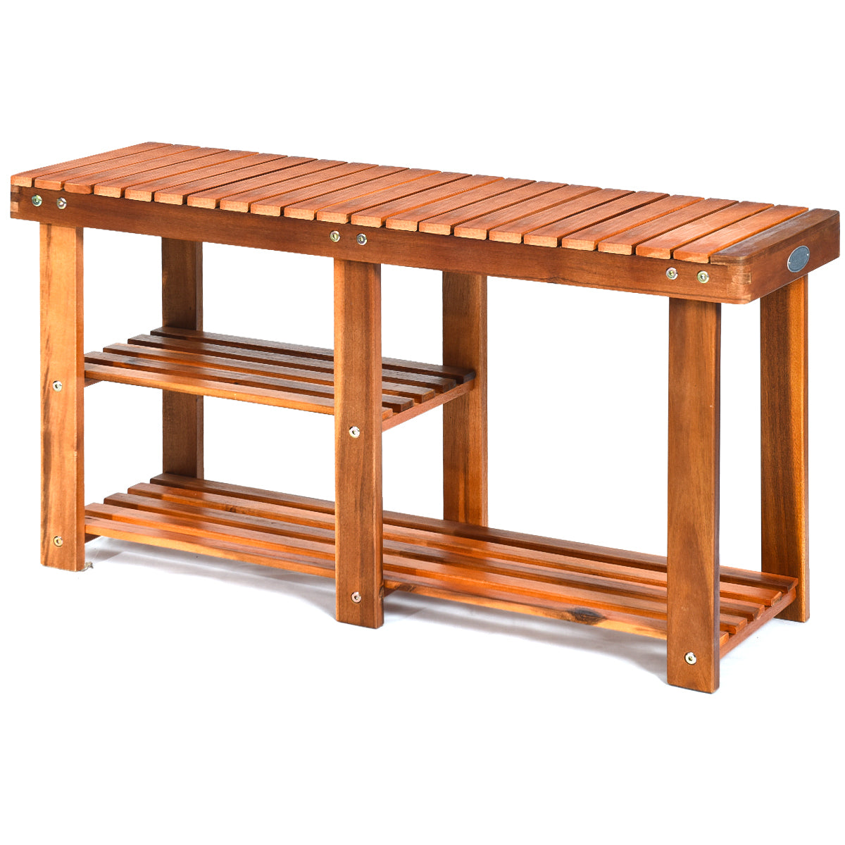 LIVSK Schoenenbank van Acaciahout - 2 Planken met Laarzenruimte - Stevig en Duurzaam - 87 x 28 x 45 cm - Teak