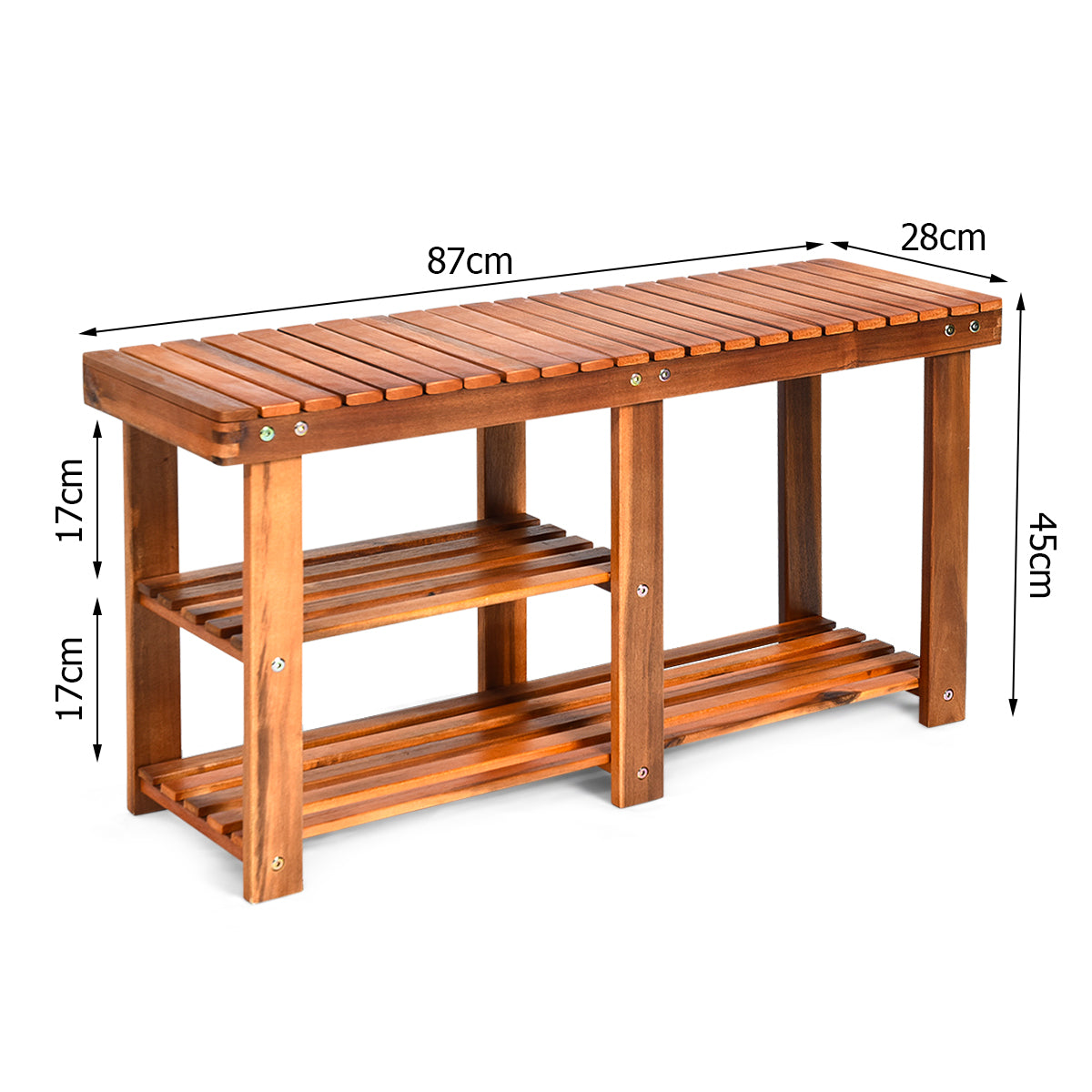 LIVSK Schoenenbank van Acaciahout - 2 Planken met Laarzenruimte - Stevig en Duurzaam - 87 x 28 x 45 cm - Teak