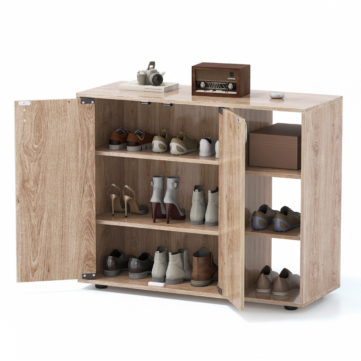Livsk costway schoenenkast met 2 deuren schoenenrek met 3 niveaus en verstelbare open planken moderne schoenenkast van hout geel