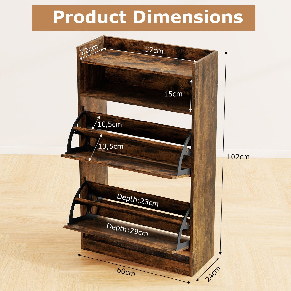 LIVSK schoenenkast met klapvakken - Ruimtebesparend ontwerp - Verstelbare planken - Elegant modern design - 60 x 24 x 102 cm -
