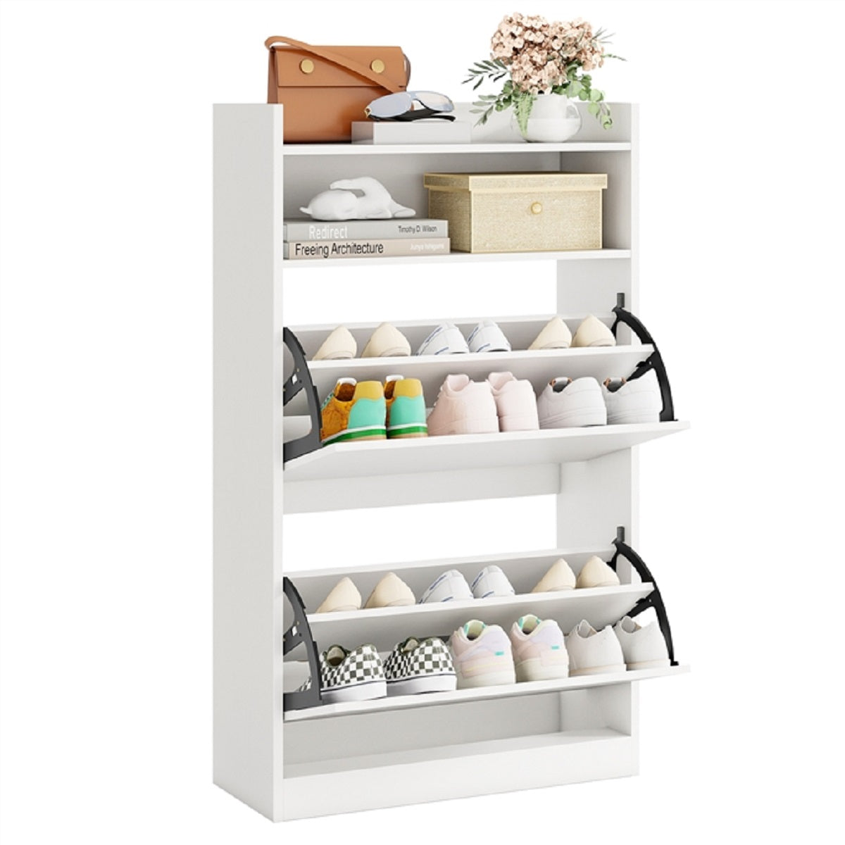 LIVSK Schoenenkast met Klapvakken - Ruimtebesparend en Elegant - 60 x 24 x 102 cm - Wit/Rustieke houtlook