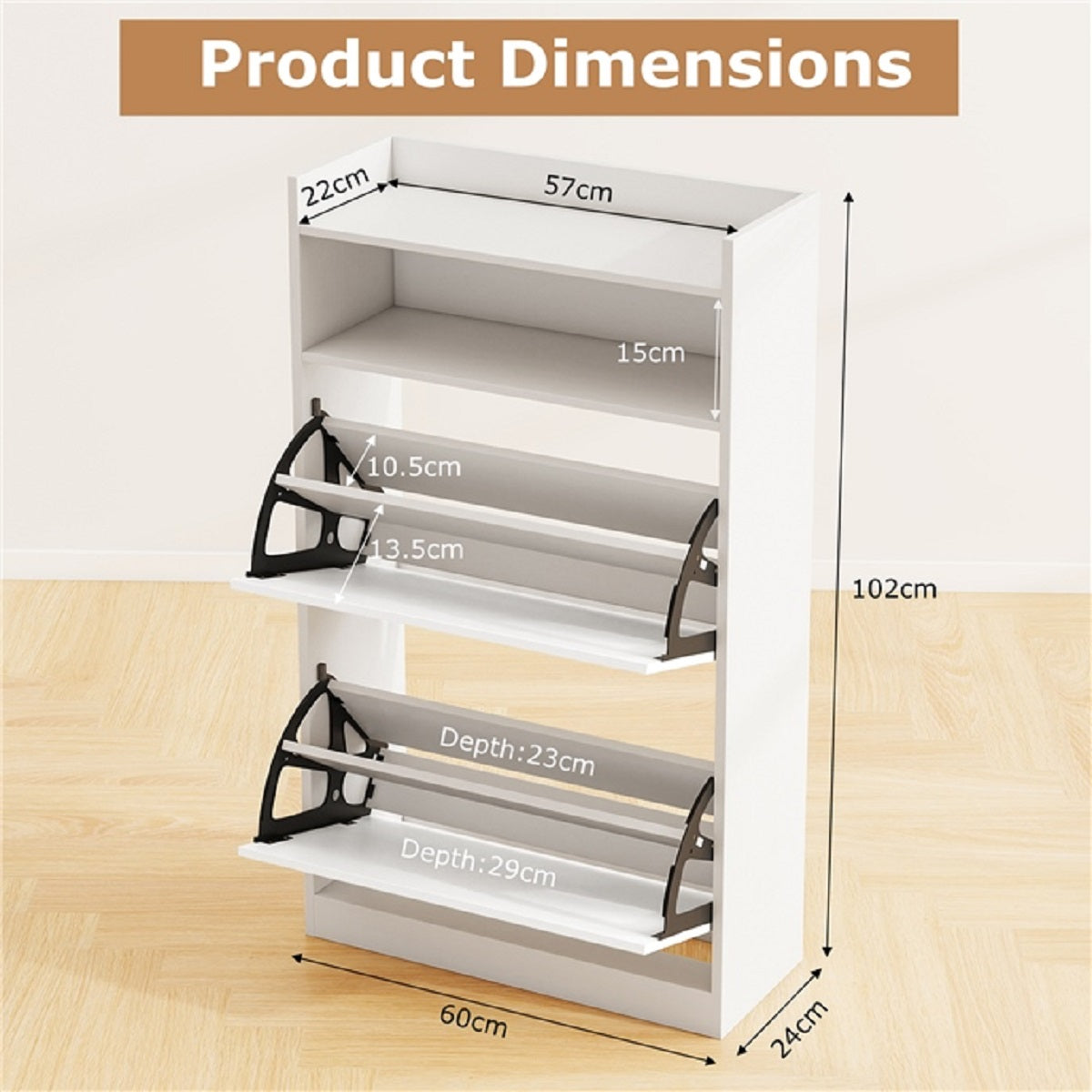 LIVSK Schoenenkast met Klapvakken - Ruimtebesparend en Elegant - 60 x 24 x 102 cm - Wit/Rustieke houtlook