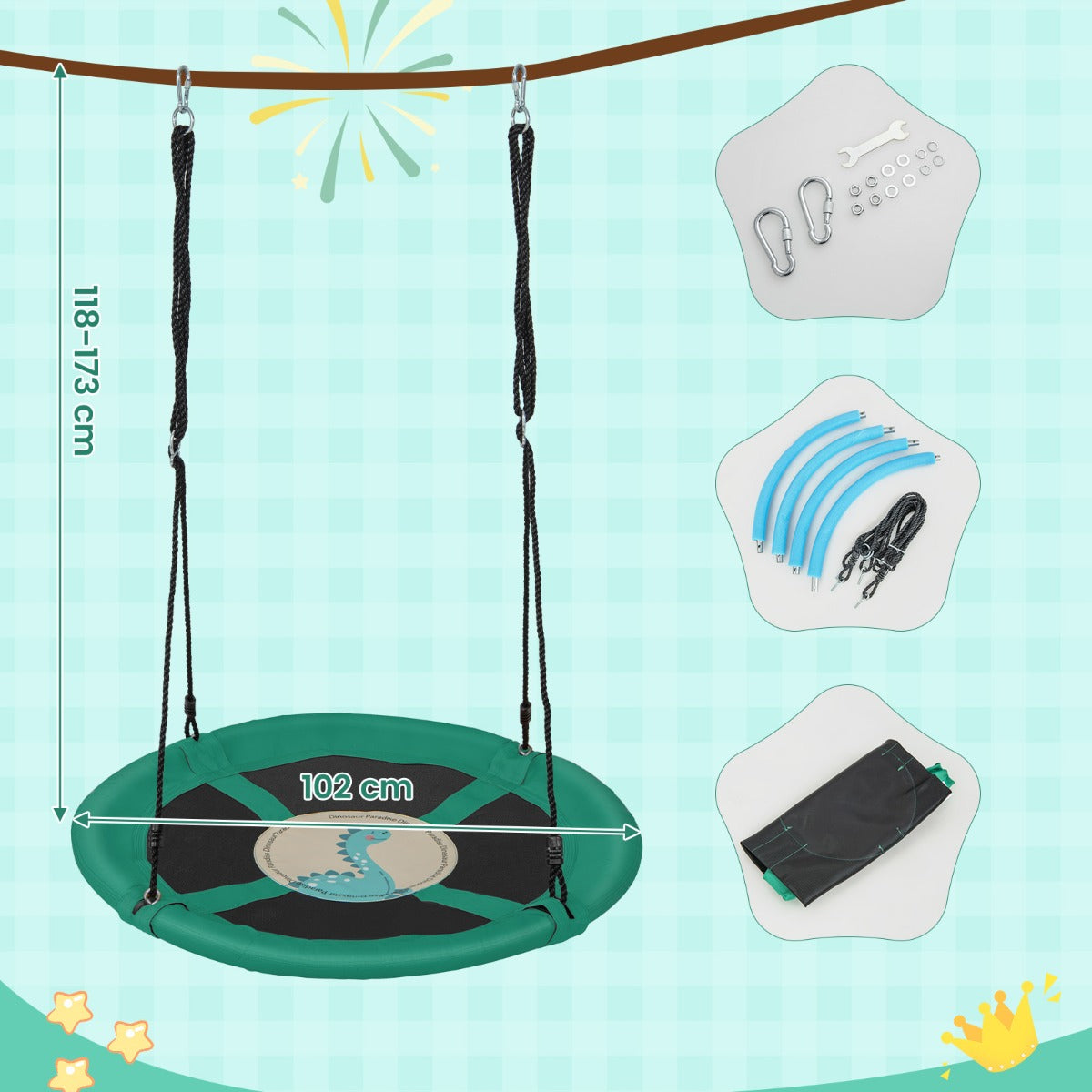 LIVSK Verstelbare Schotelschommel - Voor 2 Kinderen - Duurzame Oxford Stof - Veilig en Comfortabel - 102 cm - Groen/Roze/Oranje