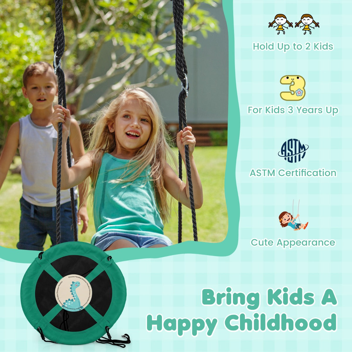 LIVSK Verstelbare Schotelschommel - Voor 2 Kinderen - Duurzame Oxford Stof - Veilig en Comfortabel - 102 cm - Groen/Roze/Oranje