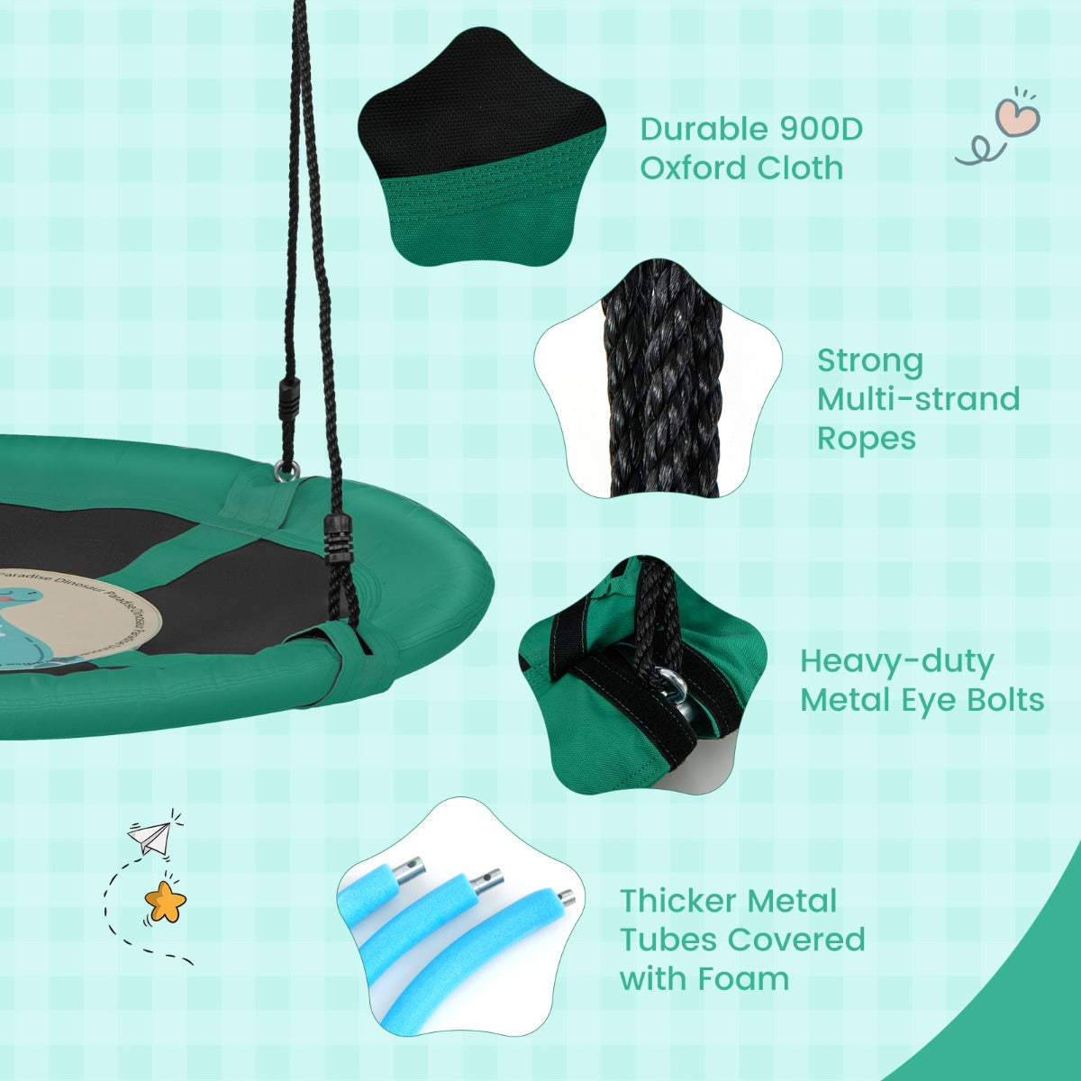 LIVSK Verstelbare Schotelschommel - Voor 2 Kinderen - Duurzame Oxford Stof - Veilig en Comfortabel - 102 cm - Groen/Roze/Oranje