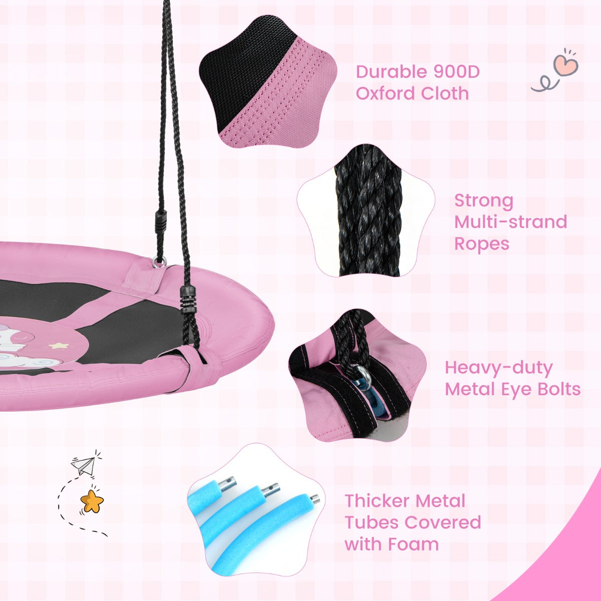 LIVSK Schotelschommel voor 2 Kinderen - Verstelbare Touwen 118-173 cm - Oxford Stof - Veilig en Comfortabel - Groen/Roze/Oranje