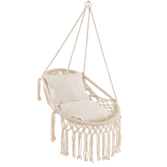 LIVSK Hangmatstoel Schommel - Macramé Design met 2 Zachte Kussens - Roestbestendig Frame - Max. 150 kg - Beige