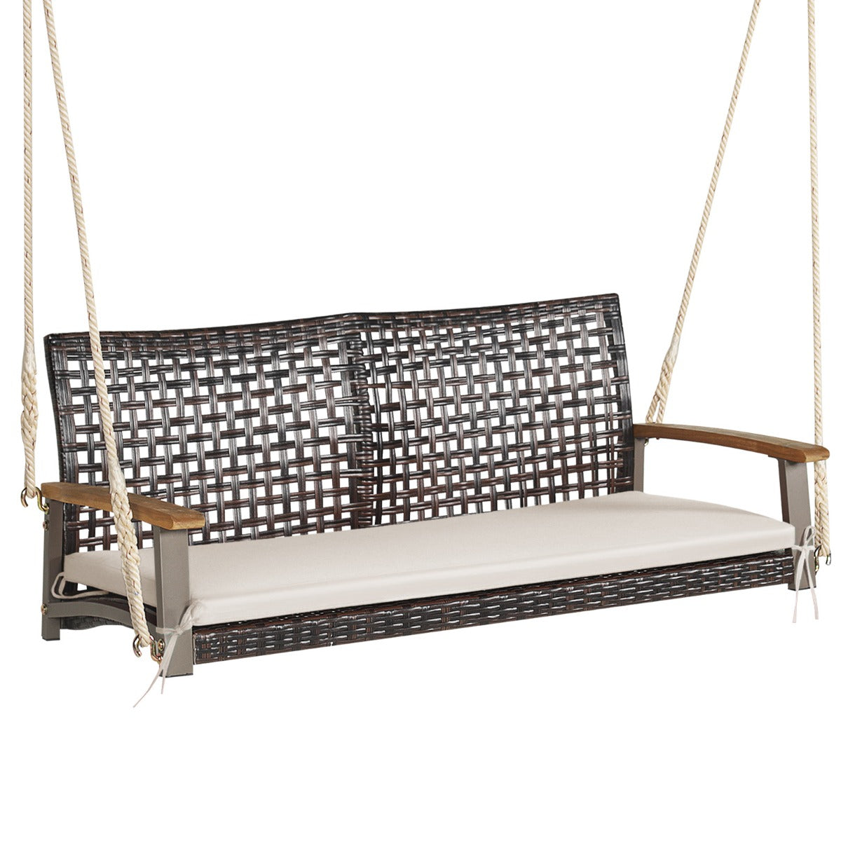 Livsk costway schommelbank 2 zits pe rotan met kussen tuinschommel om op te hangen schommel met armleuningen van acaciahout beige