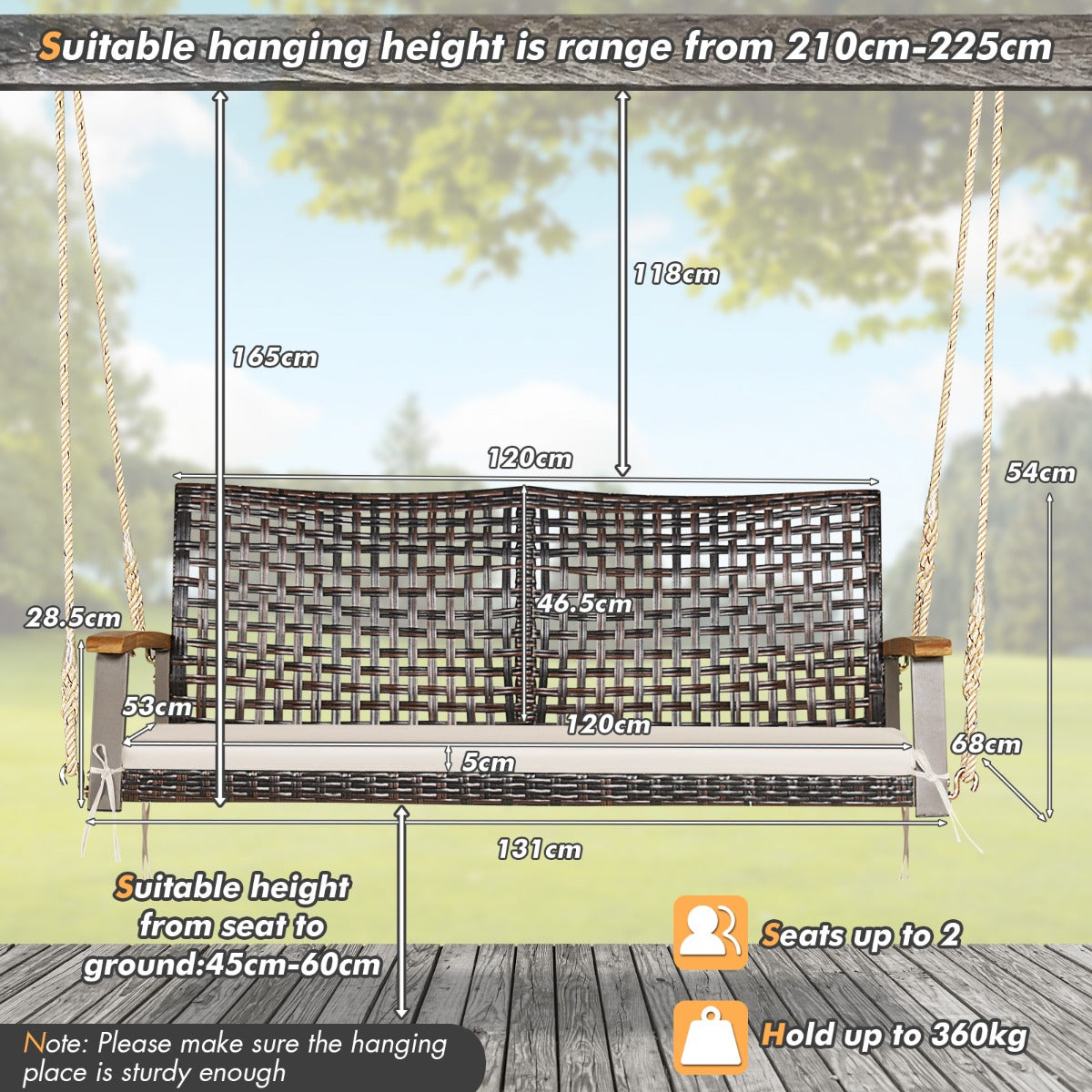 Livsk costway schommelbank 2 zits pe rotan met kussen tuinschommel om op te hangen schommel met armleuningen van acaciahout beige