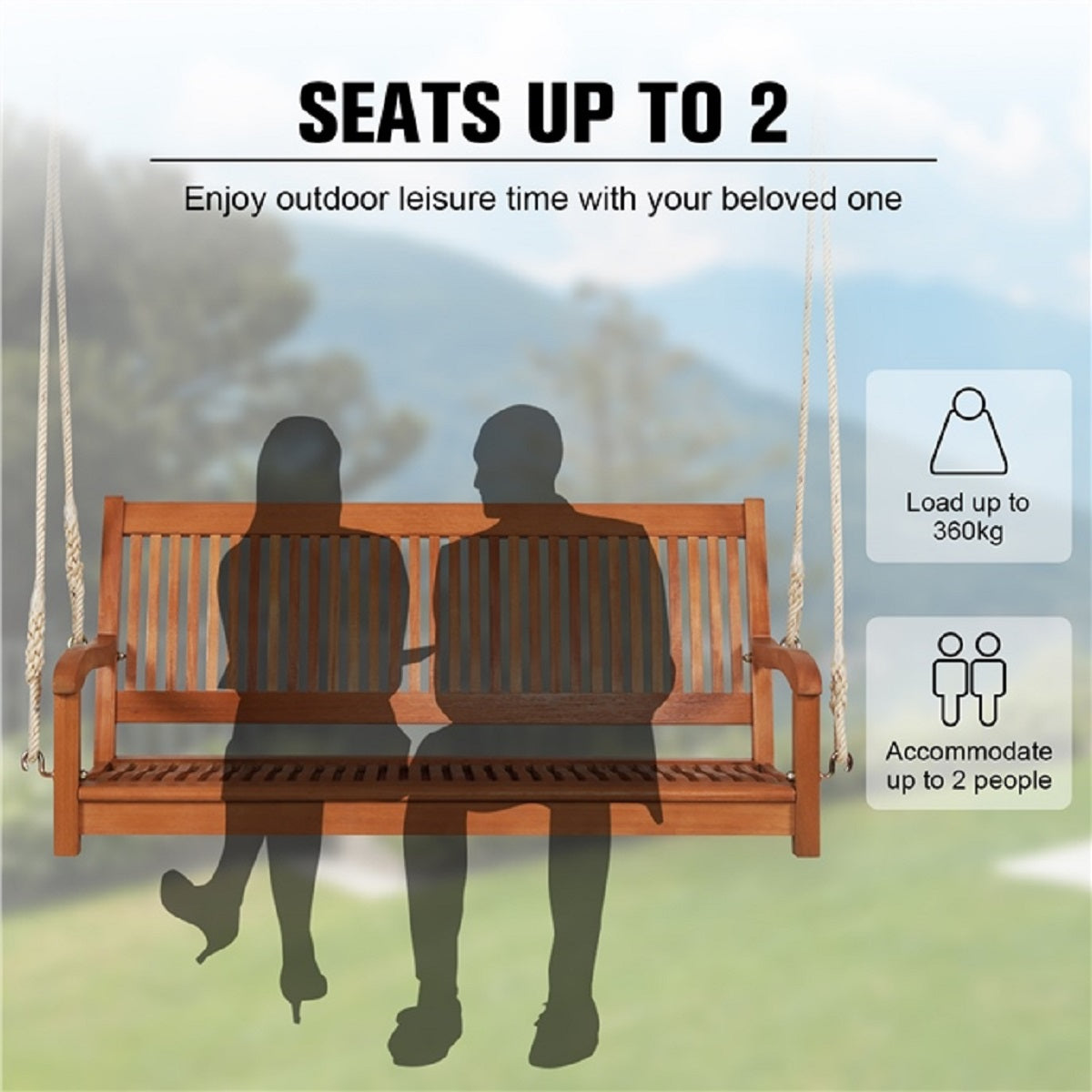 LIVSK Schommelbank Eucalyptus - Ergonomisch Ontwerp - Voor 2 Personen - Draagvermogen 360 kg - 126 x 62 x 60 cm - Natuurlijk