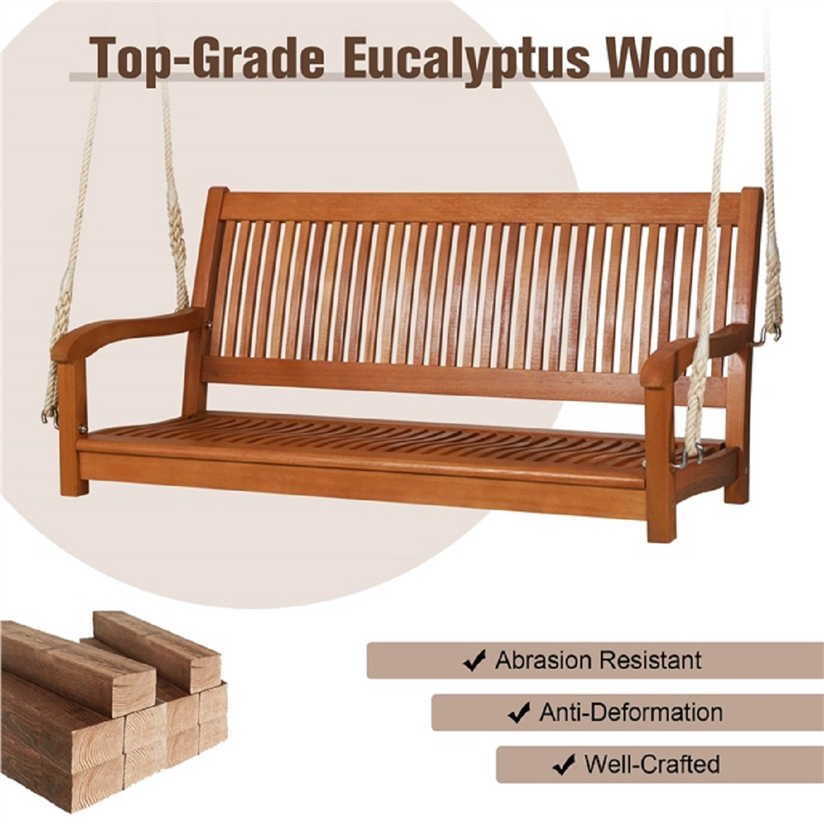 LIVSK Schommelbank Eucalyptus - Ergonomisch Ontwerp - Voor 2 Personen - Draagvermogen 360 kg - 126 x 62 x 60 cm - Natuurlijk