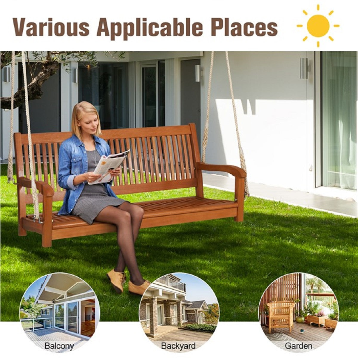 LIVSK Schommelbank Eucalyptus - Ergonomisch Ontwerp - Voor 2 Personen - Draagvermogen 360 kg - 126 x 62 x 60 cm - Natuurlijk