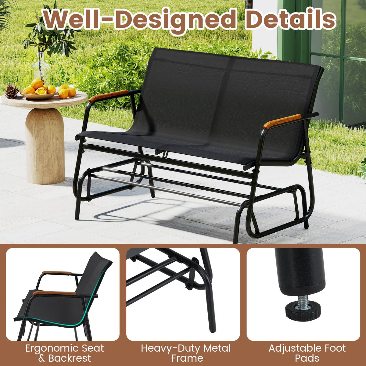 Livsk costway schommelbank voor 2 3 personen terrasbank met ademende stoffen zitting schommelstoel voor tuin terras balkon zwart 74 x 115 x 84 cm