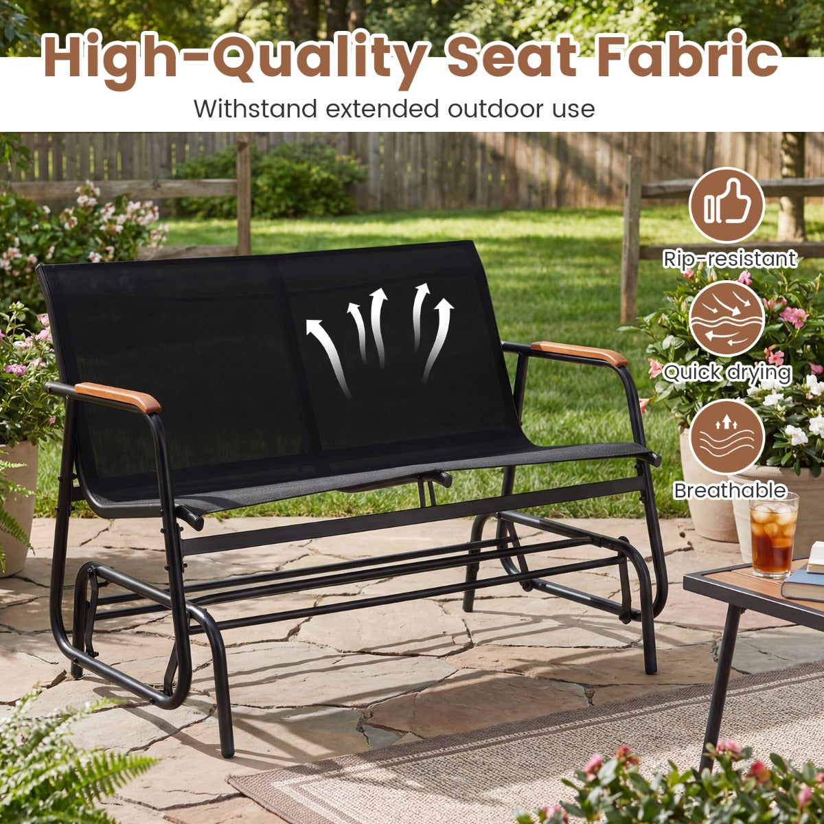 Livsk costway schommelbank voor 2 3 personen terrasbank met ademende stoffen zitting schommelstoel voor tuin terras balkon zwart 74 x 115 x 84 cm