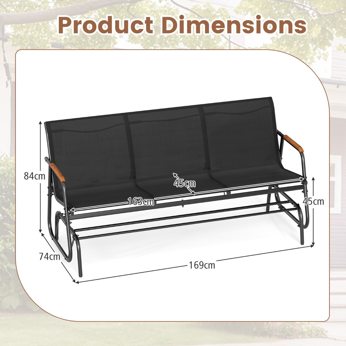 Livsk costway schommelbank voor 2 3 personen terrasbank met ademende stoffen zitting schommelstoel voor tuin terras balkon zwart 74 x 169 x 84 cm 1