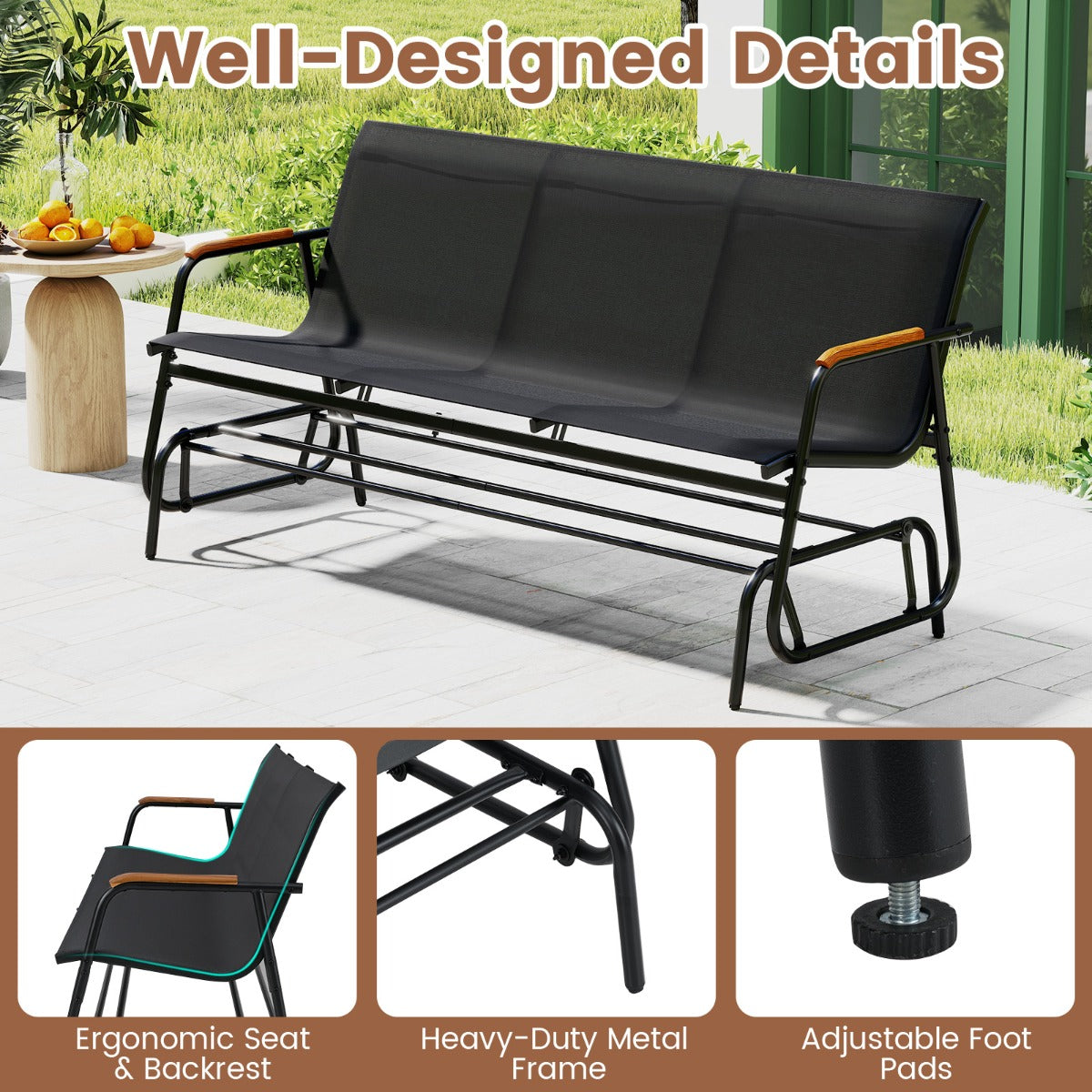 Livsk costway schommelbank voor 2 3 personen terrasbank met ademende stoffen zitting schommelstoel voor tuin terras balkon zwart 74 x 169 x 84 cm