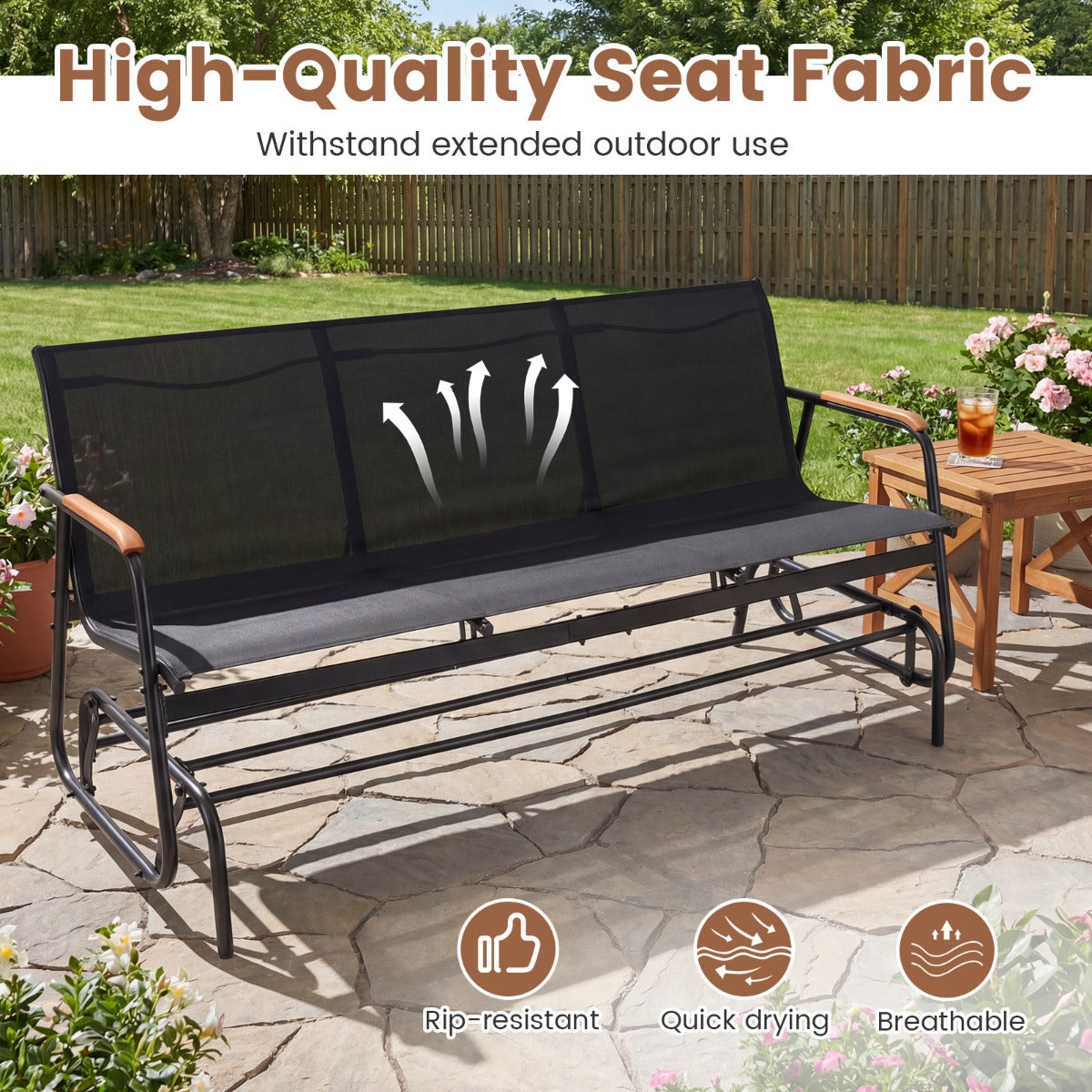 Livsk costway schommelbank voor 2 3 personen terrasbank met ademende stoffen zitting schommelstoel voor tuin terras balkon zwart 74 x 169 x 84 cm