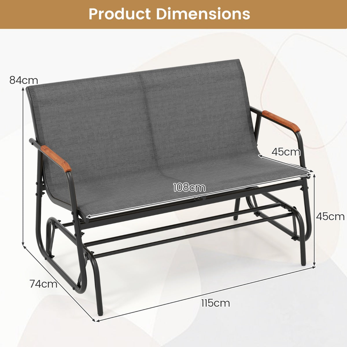LIVSK Terras-Schommelbank voor 2 Personen - Ergonomisch Ontwerp - Teakhouten Armleuningen - Ademend en Scheurbestendig - 74 x 115