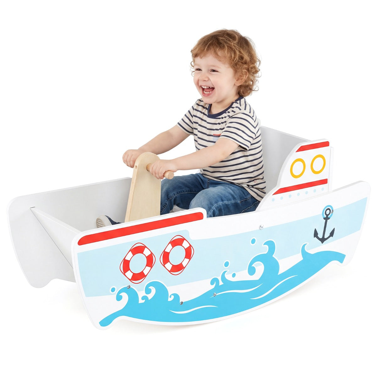 Livsk costway schommelboot voor kinderen van 1 5 jaar houten schommelpaard met nautisch design berkenhouten handgrepen brede zitting en rugleuning 1