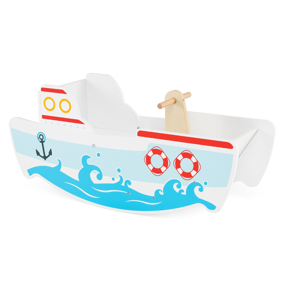 Livsk costway schommelboot voor kinderen van 1 5 jaar houten schommelpaard met nautisch design berkenhouten handgrepen brede zitting en rugleuning