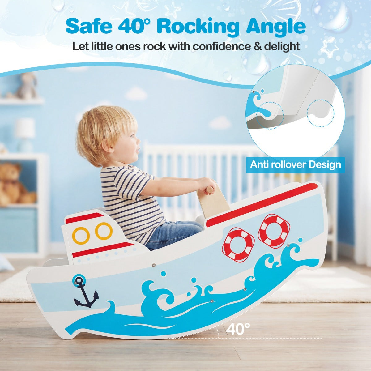 Livsk costway schommelboot voor kinderen van 1 5 jaar houten schommelpaard met nautisch design berkenhouten handgrepen brede zitting en rugleuning