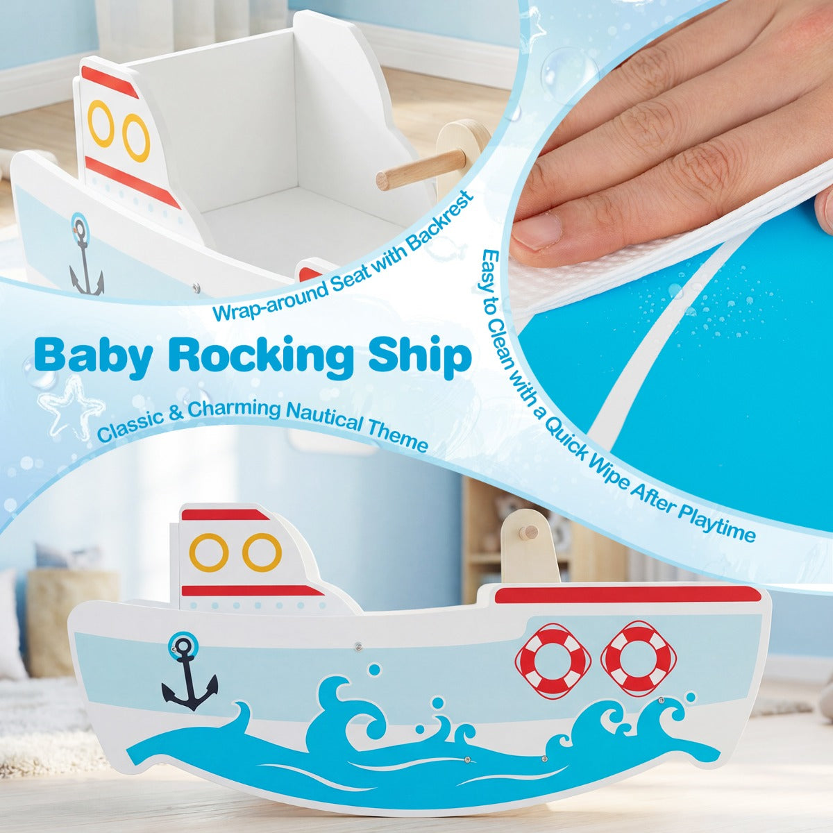 Livsk costway schommelboot voor kinderen van 1 5 jaar houten schommelpaard met nautisch design berkenhouten handgrepen brede zitting en rugleuning
