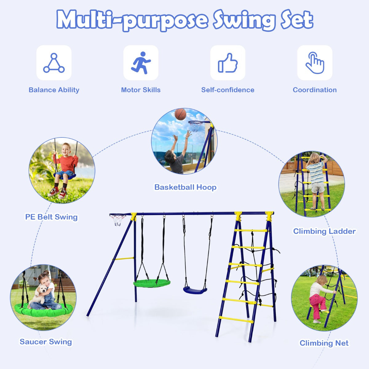 LIVSK 5-in-1 Buitenschommelset - 2 Schommels - Basketbalring - Klimladder - Duurzaam en Veilig - Tot 75 kg - Zoals afgebeeld