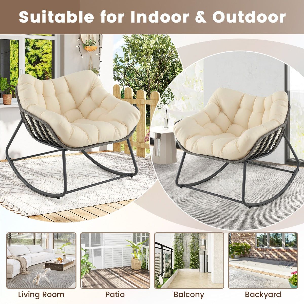 Livsk costway schommelstoel met dikke afneembare kussen overgrote schommelstoel relaxstoel beige