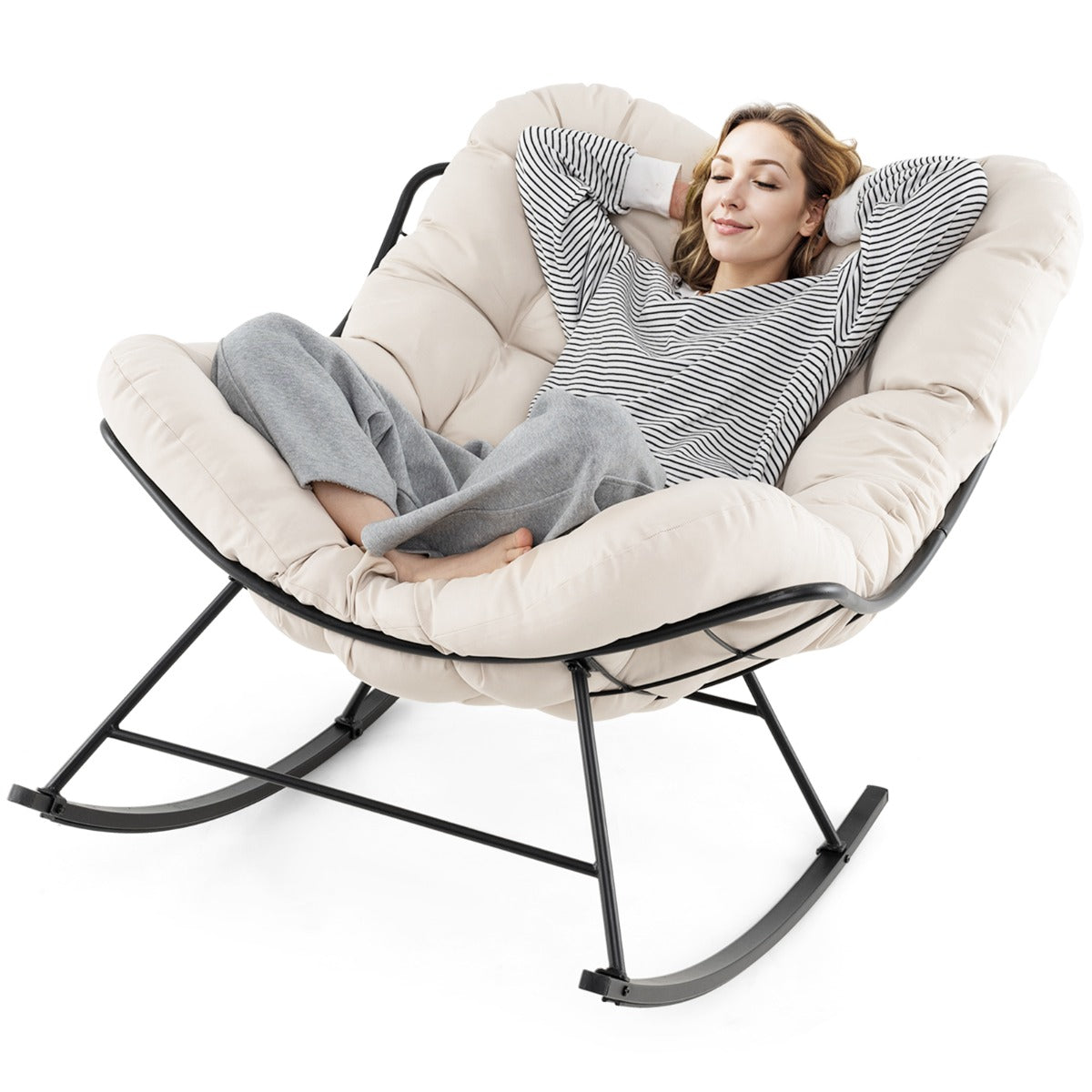 LIVSK Schommelstoel - 205 kg Draagkracht - Luxe 16 cm Kussen - Antislip - Ideaal voor Ontspanning - Zwart met Beige Kussen