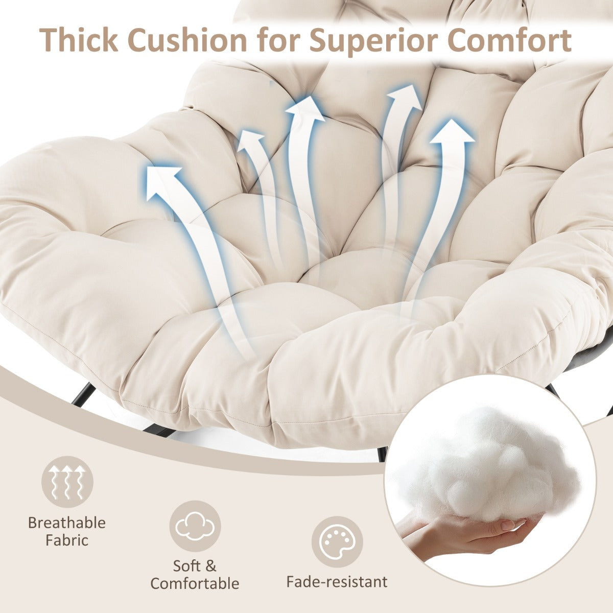 LIVSK Schommelstoel - 205 kg Draagkracht - Luxe 16 cm Kussen - Antislip - Ideaal voor Ontspanning - Zwart met Beige Kussen