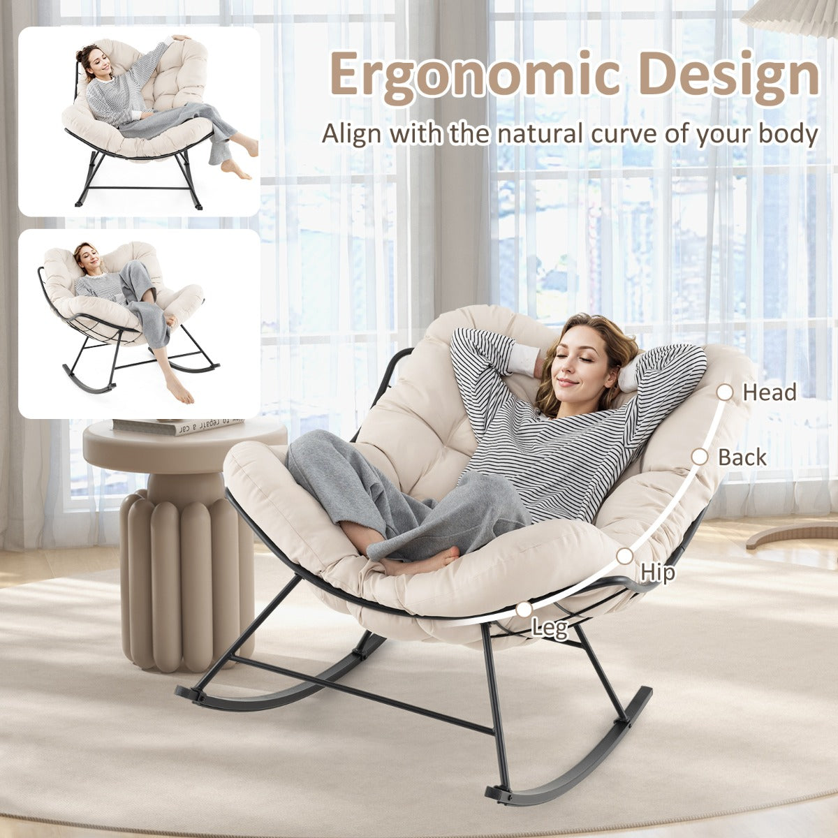 LIVSK Schommelstoel - 205 kg Draagkracht - Luxe 16 cm Kussen - Antislip - Ideaal voor Ontspanning - Zwart met Beige Kussen
