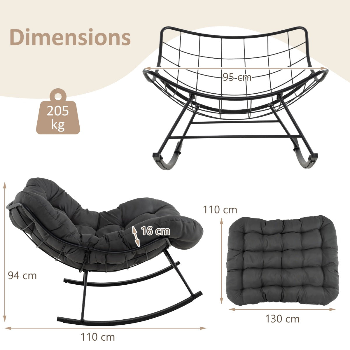 LIVSK Schommelstoel - 205 kg Draagvermogen - 110 x 95 x 94 cm - Luxueus 16 cm Dikke Kussen - Antislip - Zwart/Grijs
