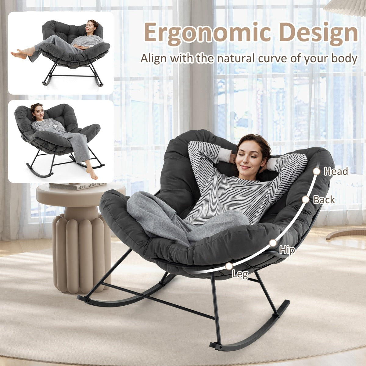 LIVSK Schommelstoel - 205 kg Draagvermogen - 110 x 95 x 94 cm - Luxueus 16 cm Dikke Kussen - Antislip - Zwart/Grijs
