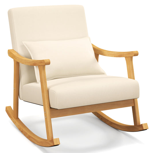 LIVSK Schommelstoel met Hoge Rugleuning - Ergonomisch Design - Rubberhouten Frame - Tot 150 kg - Beige