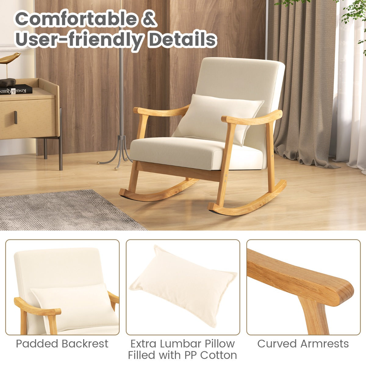 LIVSK Schommelstoel met Hoge Rugleuning - Ergonomisch Design - Rubberhouten Frame - Tot 150 kg - Beige