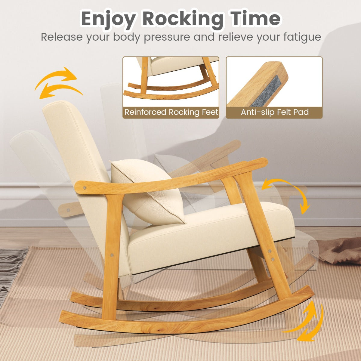 LIVSK Schommelstoel met Hoge Rugleuning - Ergonomisch Design - Rubberhouten Frame - Tot 150 kg - Beige