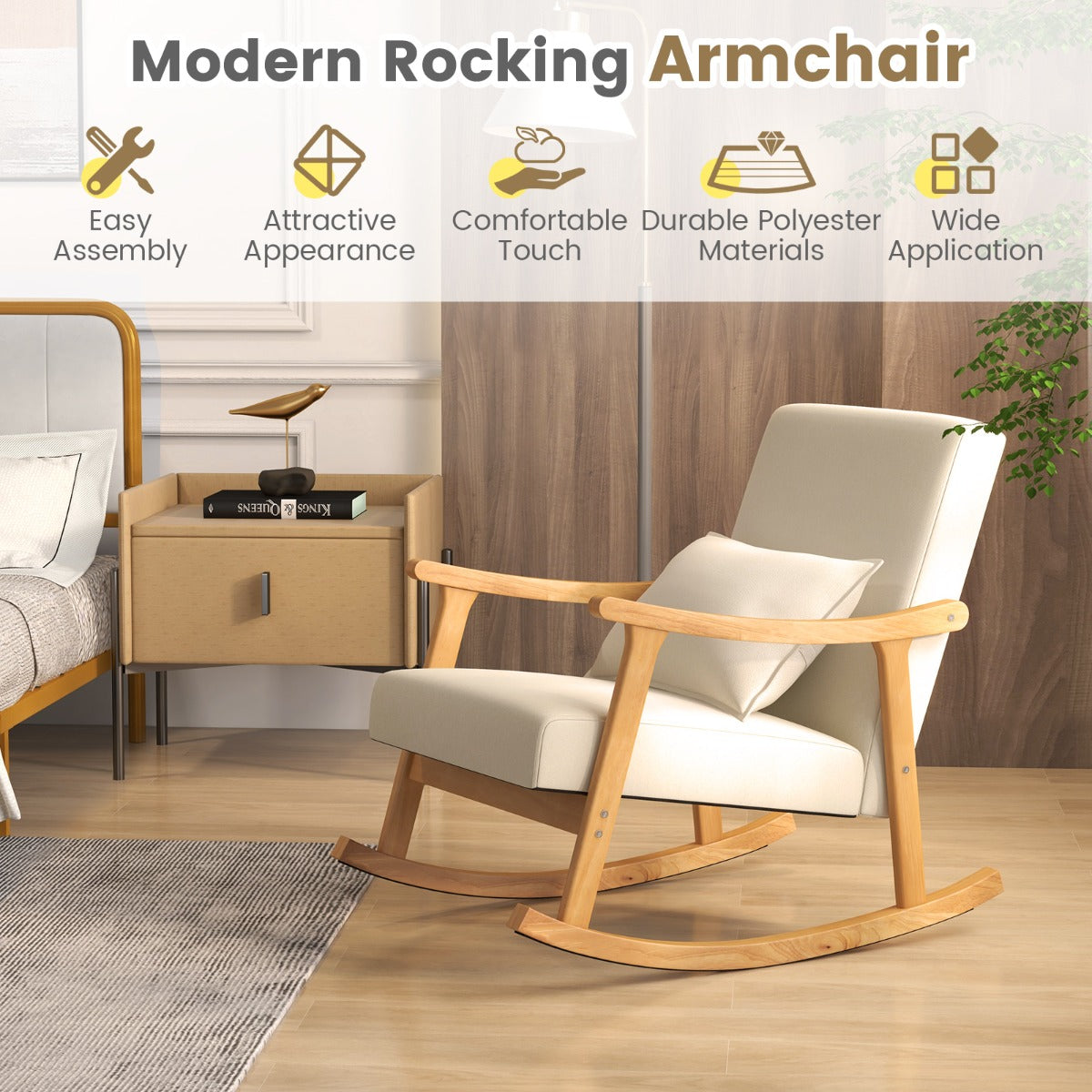 LIVSK Schommelstoel met Hoge Rugleuning - Ergonomisch Design - Rubberhouten Frame - Tot 150 kg - Beige