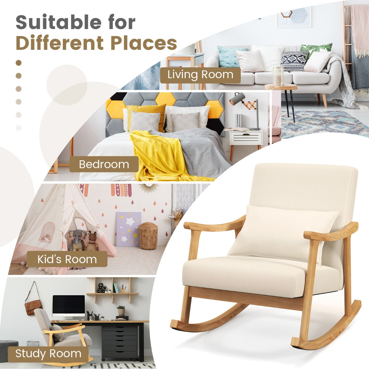 LIVSK Schommelstoel met Hoge Rugleuning - Ergonomisch Design - Rubberhouten Frame - Tot 150 kg - Beige