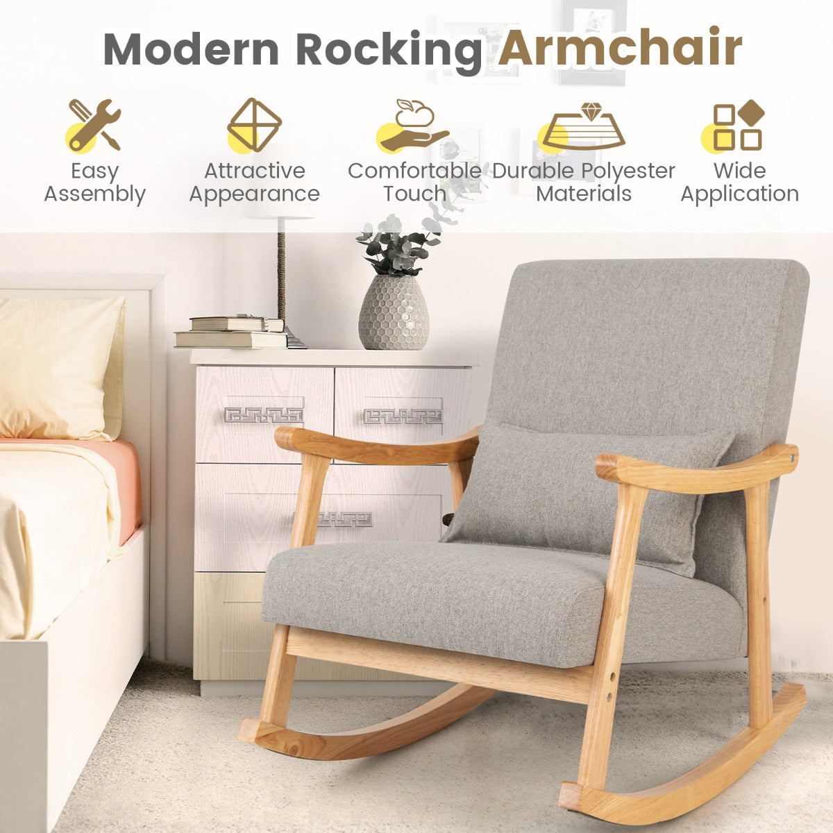 LIVSK Schommelstoel met Hoge Rugleuning - Ergonomisch Design - Polyester Bekleding - Draagvermogen tot 150 kg - Grijs