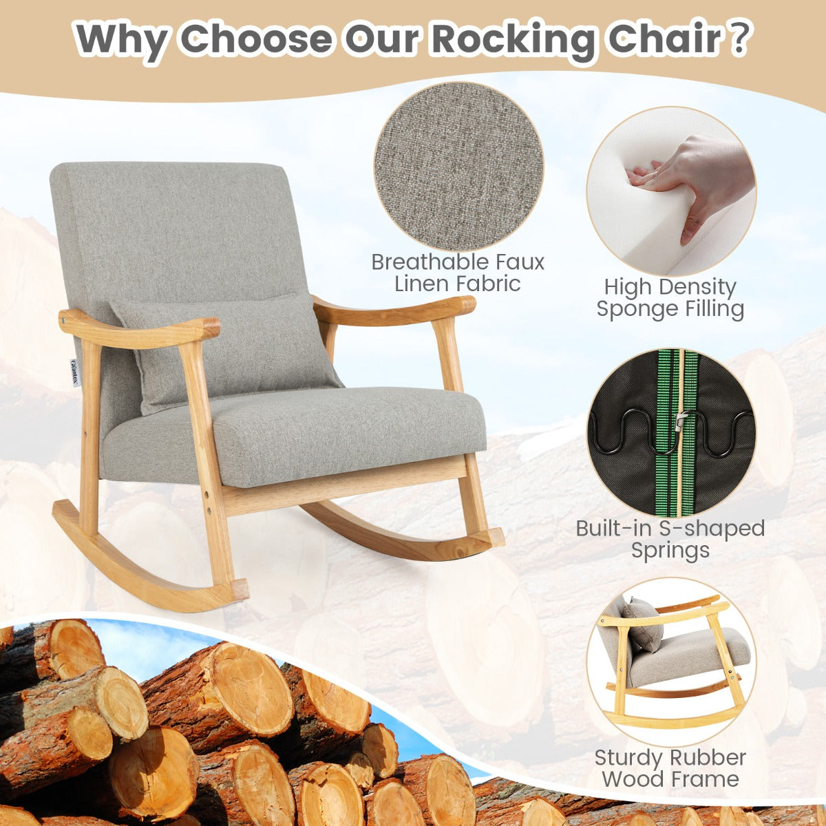 LIVSK Schommelstoel met Hoge Rugleuning - Ergonomisch Design - Polyester Bekleding - Draagvermogen tot 150 kg - Grijs