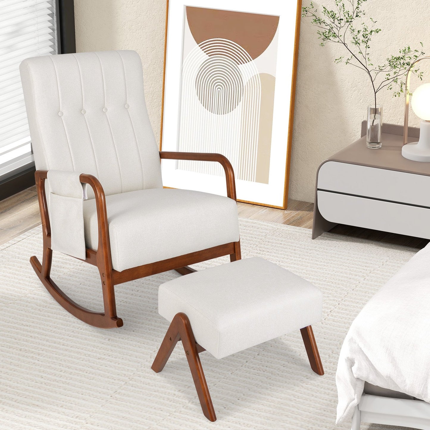 LIVSK Schommelstoel en Ottoman Set - Ergonomisch Ontwerp - Zachte Schommelbeweging - Multifunctioneel - Tot 150 kg - Beige