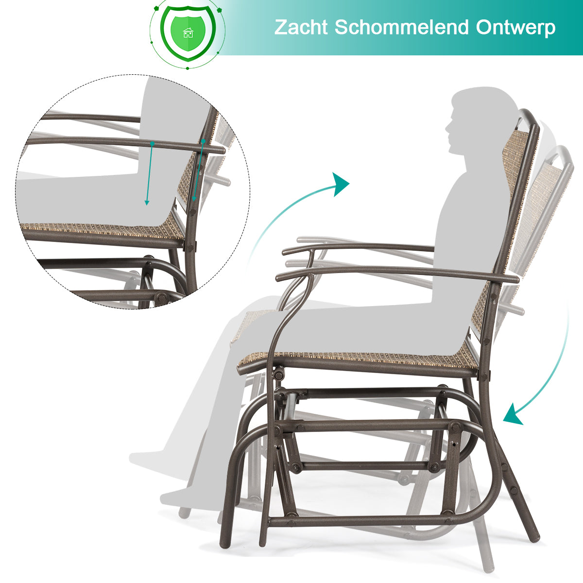 LIVSK Schommelstoel Tuinschommelstoel - Stalen Frame - Ergonomisch Ontwerp - Zachte Zwaaifunctie - Voor Buiten - Bruin