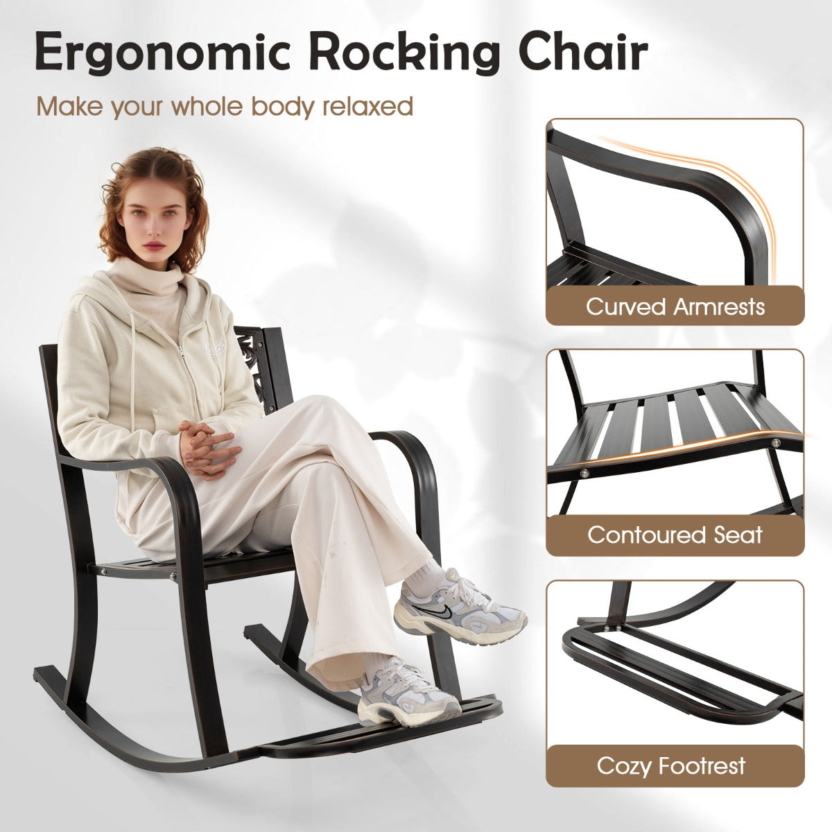 LIVSK Schommelstoel van Gietijzer - Ergonomisch Design met Bloemmotieven - Antislip - Duurzaam en Comfortabel - 102 x 62,5 x 89